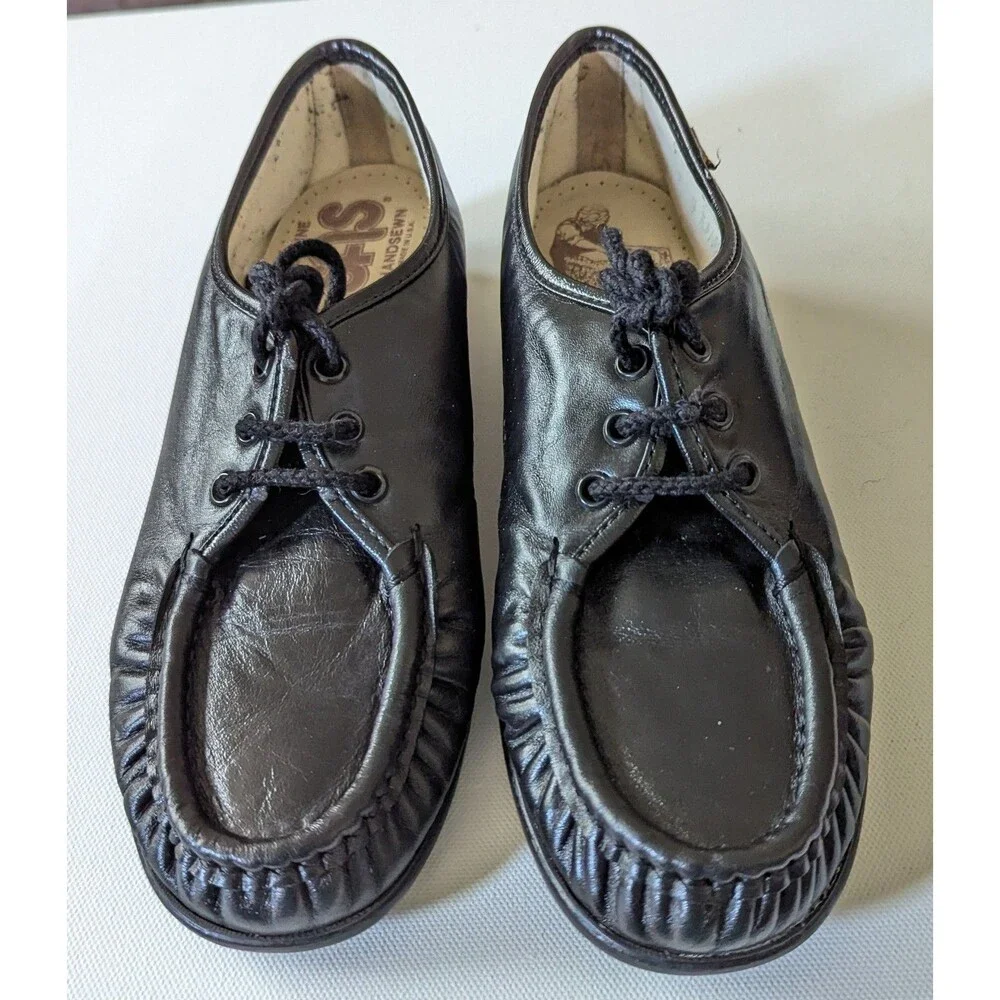 SAS Siesta Women 7N Black Leather Handsewn Oxfords Moc Toe Lace Up Shoes